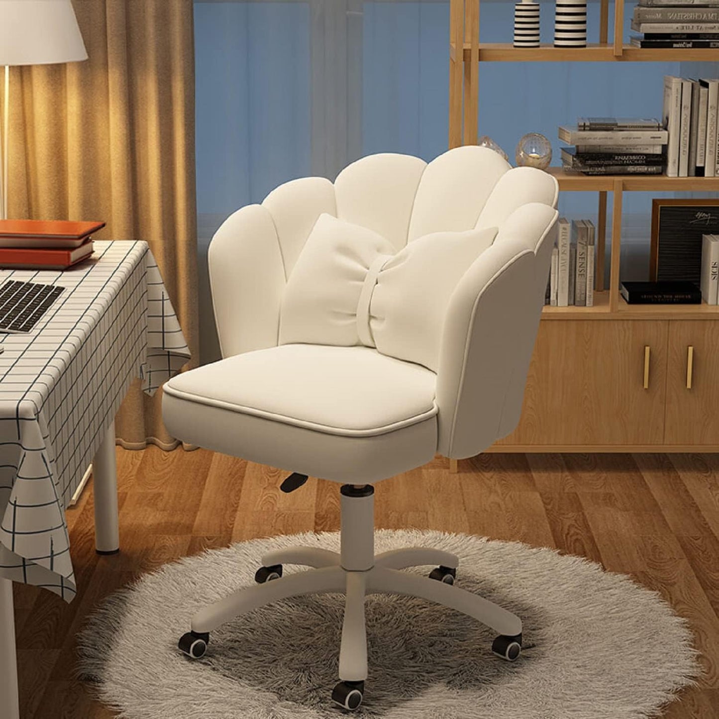 Chair with Bow Cushion Velvet Vanity Chair with Wheels, Upholstered Home Office Chair for Girls Women, Mid-Back Swivel Computer Task Chairs for Living Room Bedroom