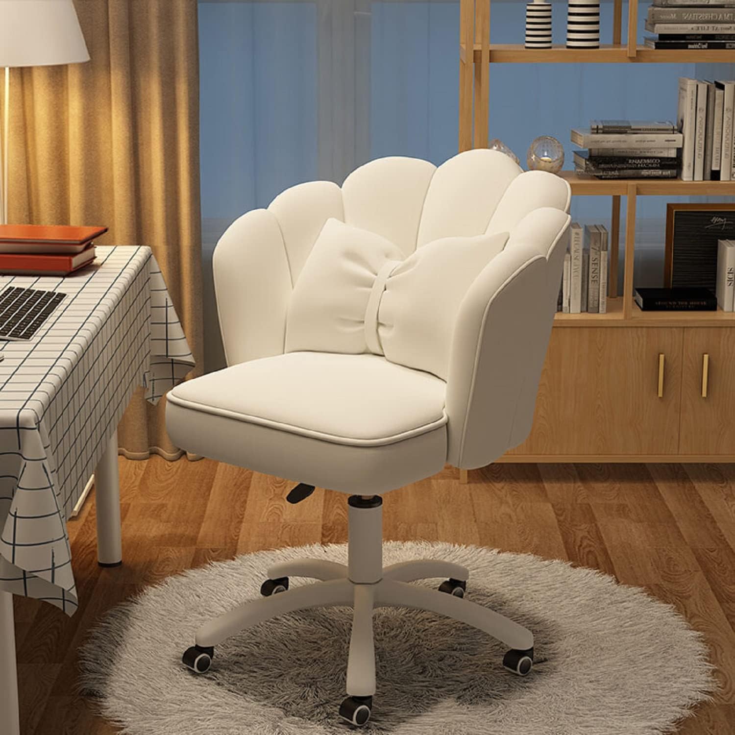 Chair with Bow Cushion Velvet Vanity Chair with Wheels, Upholstered Home Office Chair for Girls Women, Mid-Back Swivel Computer Task Chairs for Living Room Bedroom