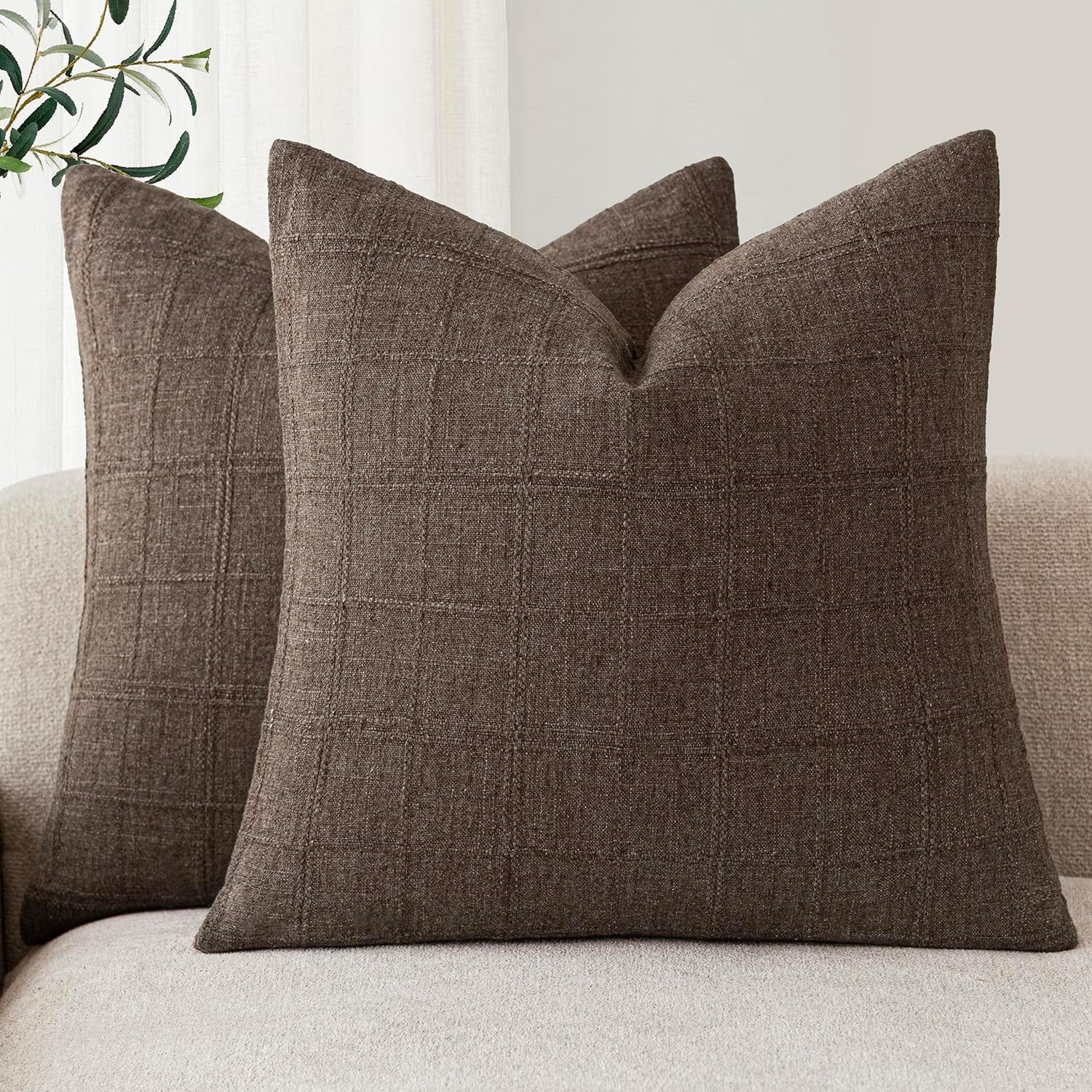 Foindtower Set of 2 Decorative Linen Check Throw Pillow Covers Neutral Farmhouse Vintage Cushion Covers Modern Boho Home Decor for Sofa Chair Couch Bedroom Living Room,18×18 Inch,Natural Beige