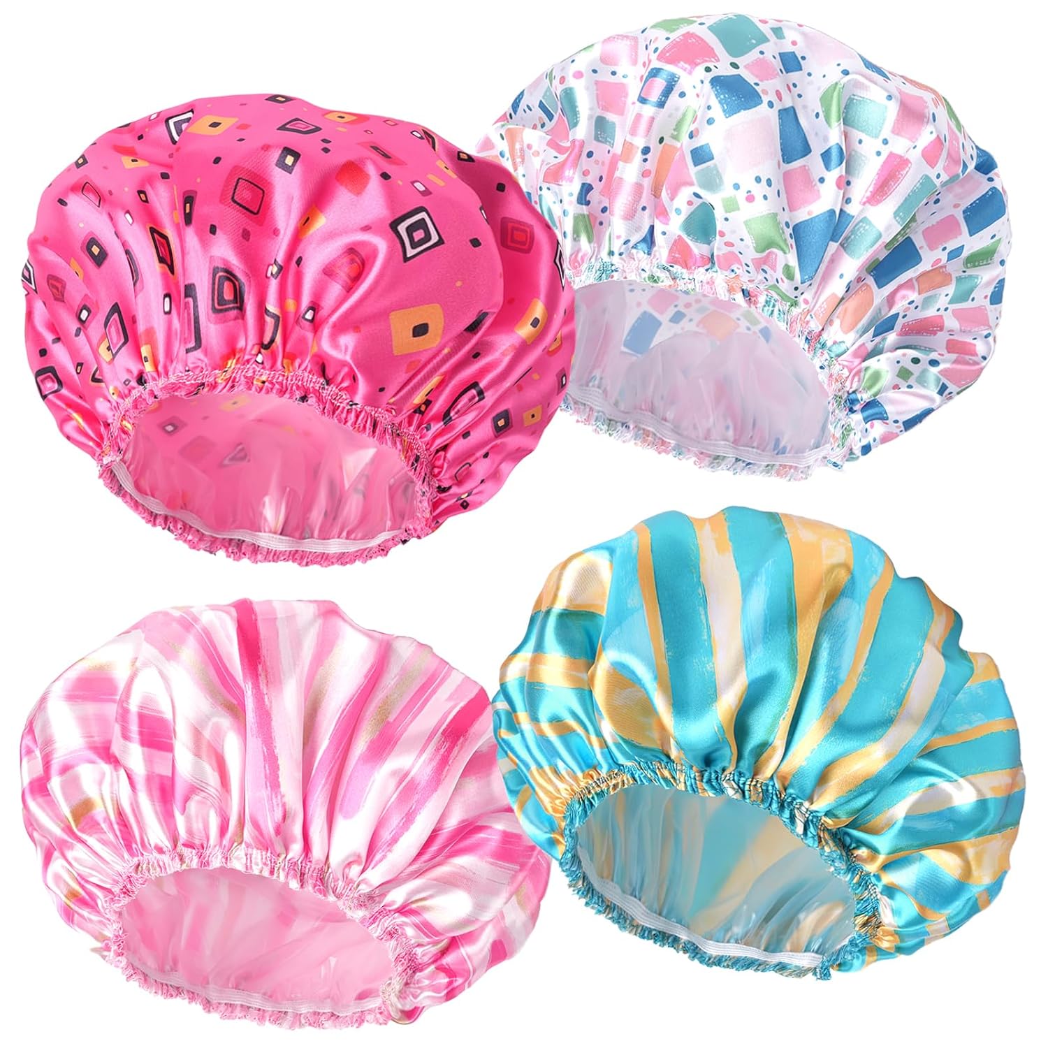 4 PCS Shower Caps for Women, Elastic and Reusable Bath Caps, Double Waterproof Layers Shower Cap, Bathing Shower Caps, Environmental Protection Hair Bath Hat - Printed Color