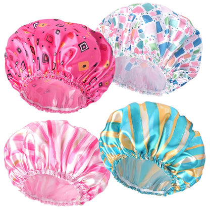 4 PCS Shower Caps for Women, Elastic and Reusable Bath Caps, Double Waterproof Layers Shower Cap, Bathing Shower Caps, Environmental Protection Hair Bath Hat - Printed Color