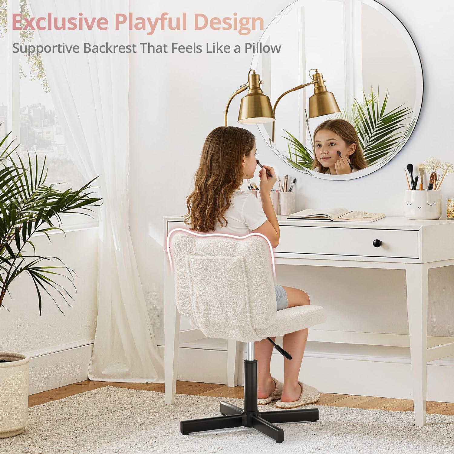 Adjustable Vanity Stool Chair with Girly Bear Ear Wide Back, 360° Swivel Vanity Stool for Makeup Room, Upholstered Teddy Velvet Ottoman for Teen Girls, 350lbs, Beige