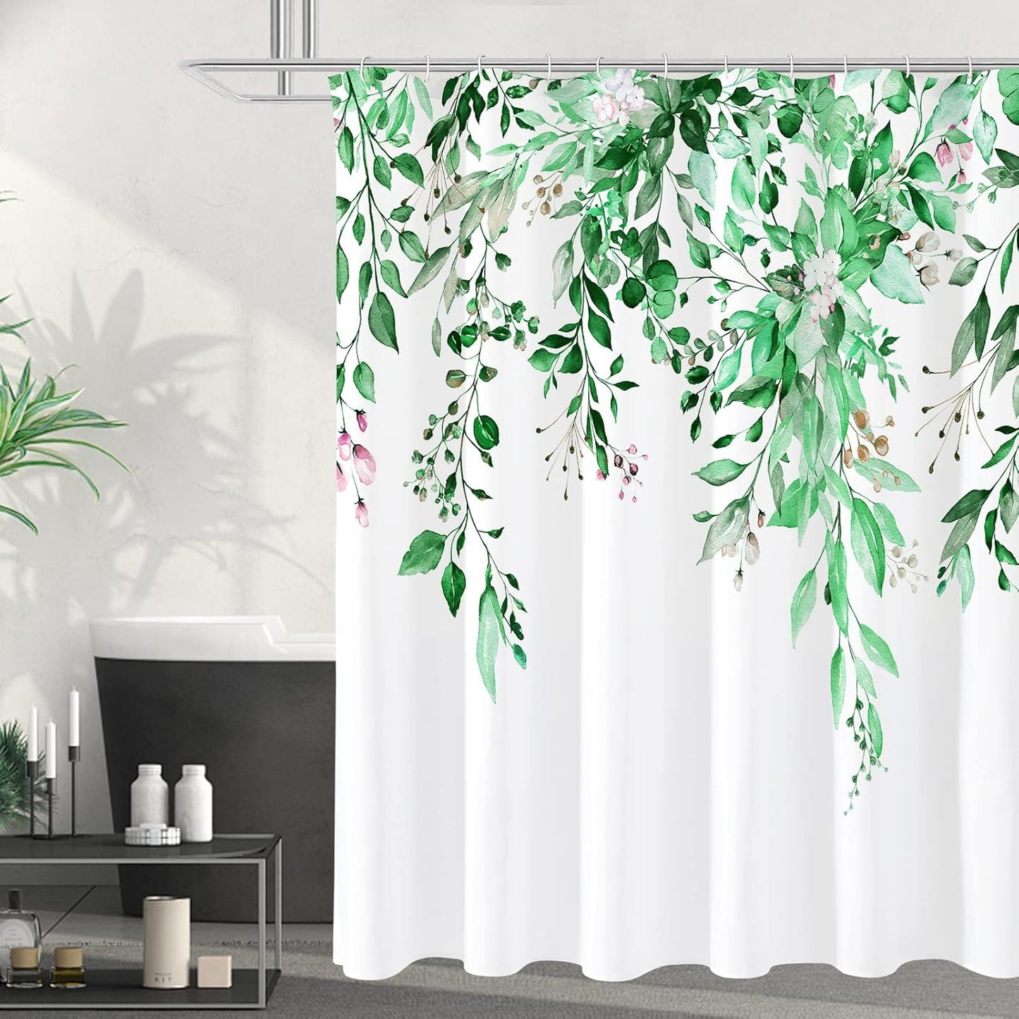 Grey Eucalyptus Shower Curtain, Watercolor Plant Leaves with Floral Bathroom Shower Curtain Set, Gray White, 72x72