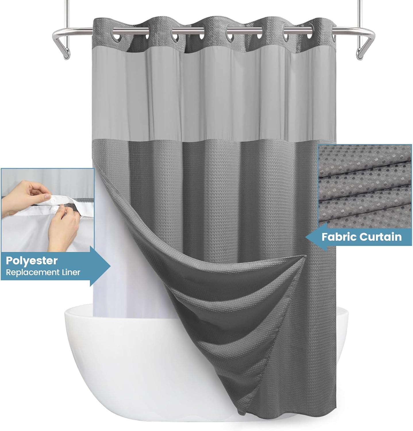 Grey Shower Curtain and Liner Set - 230GSM Waffle Weave Textured Heavy Duty,Hotel Luxury Weighted Bath Curtain,71W x 74H
