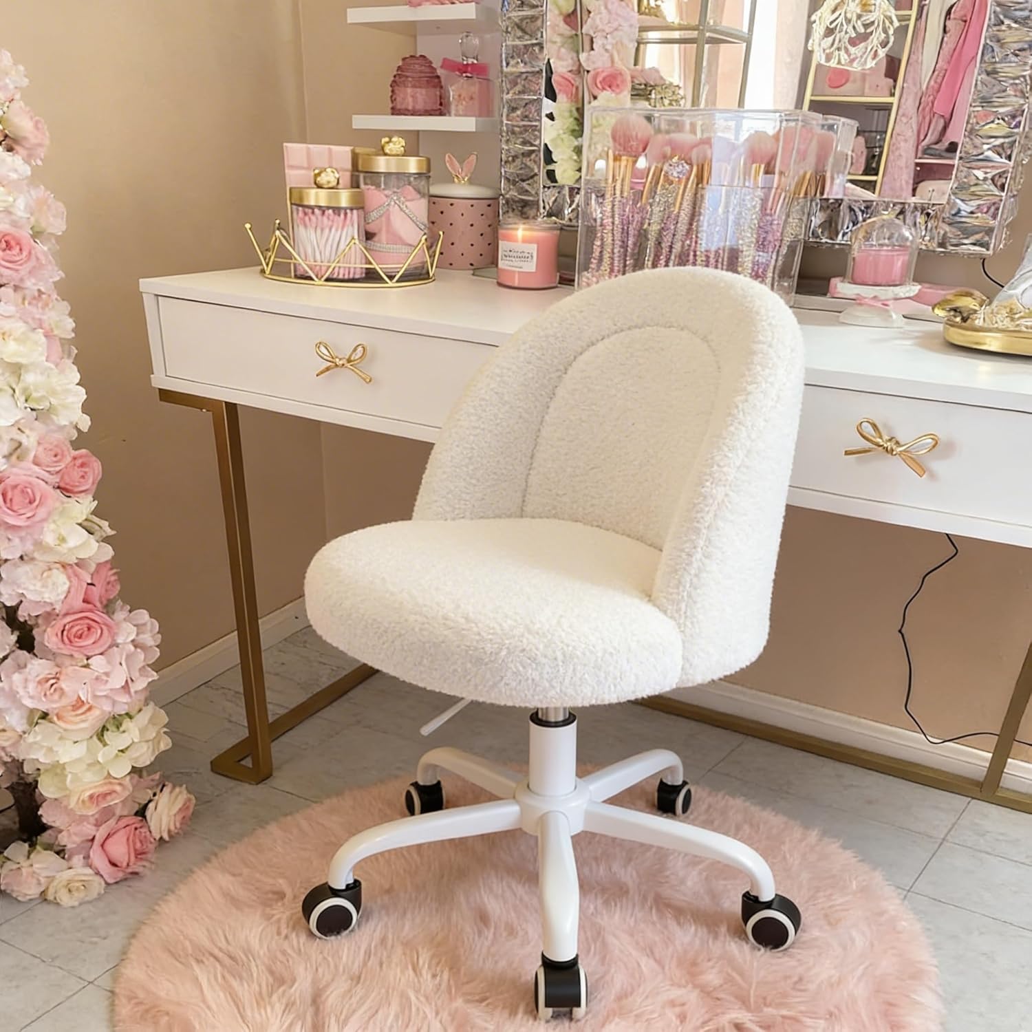 Vanity Chair, Small Desk Chair with Back, Height Adjustable & 360° Swivel, Stylish Armless Comfy Vanity Office Chair for Small Space, Bedroom