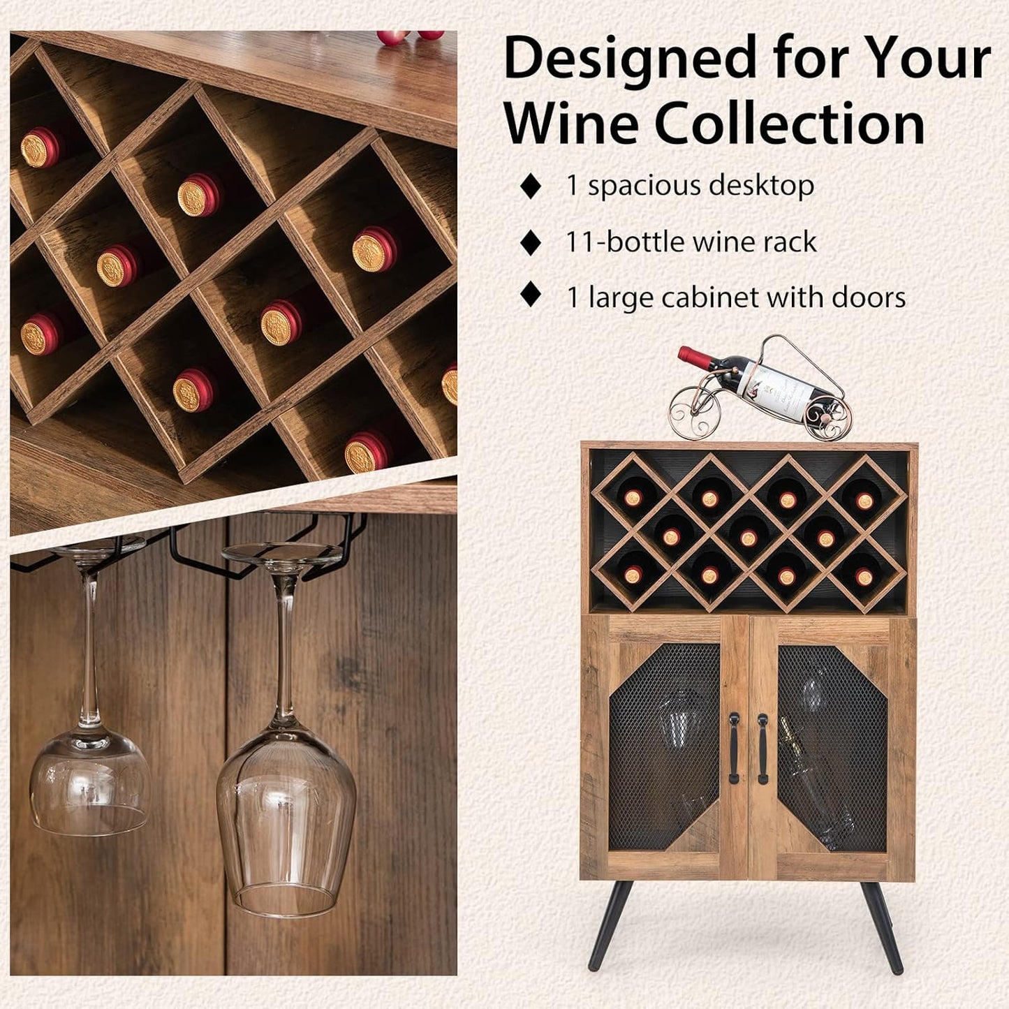Giantex Farmhouse Wine Bar Cabinet, 11 Bottles Rack, Buffet Cabinet with Storage, Industrial Kitchen Sideboard, Anti-Tipping Design, 2 Doors, Glass Holder, for Living Room (Brown & Black)