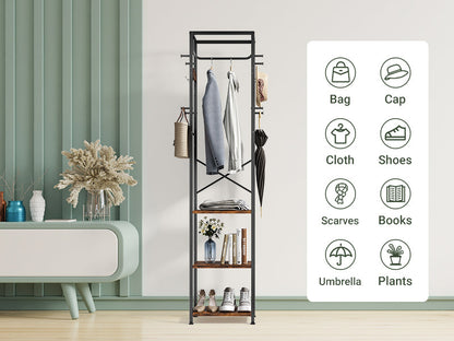 Coat Rack Freestanding, Hall Tree with 3 Storage Shelves and 12 Hooks, Industrial Clothes Rack Stand Organizer for Bedroom, Hallway, Entryway, Office, Living Room, Rustic Brown