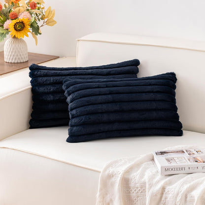 Pack of 2 Faux Fur Christmas Throw Pillow Covers 18x18 Inch, Soft Plush Striped Neutral Couch Pillow Cover, with Velvet Back Modern Home Decor for Sofa Living Room Couch Bed Cream White