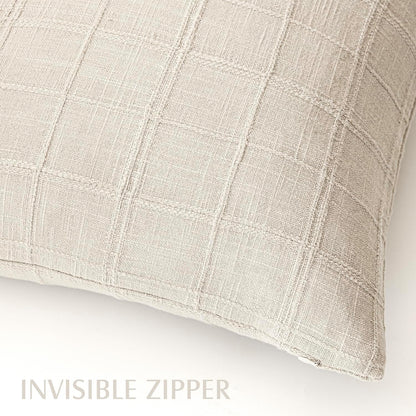 Foindtower Set of 2 Decorative Linen Check Throw Pillow Covers Neutral Farmhouse Vintage Cushion Covers Modern Boho Home Decor for Sofa Chair Couch Bedroom Living Room,18×18 Inch,Natural Beige