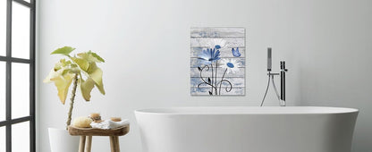 Farmhouse Floral Wall Art for Living Room, Blue and White Daisy Flower and Butterfly on Rustic Wood Board Canvas Wall Art Framed Artwork Ready to Hang for Bathroom Bedroom Decor, 16L X 12W