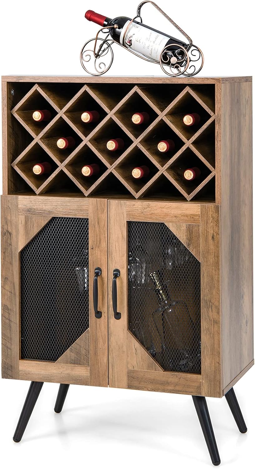 Giantex Farmhouse Wine Bar Cabinet, 11 Bottles Rack, Buffet Cabinet with Storage, Industrial Kitchen Sideboard, Anti-Tipping Design, 2 Doors, Glass Holder, for Living Room (Brown & Black)