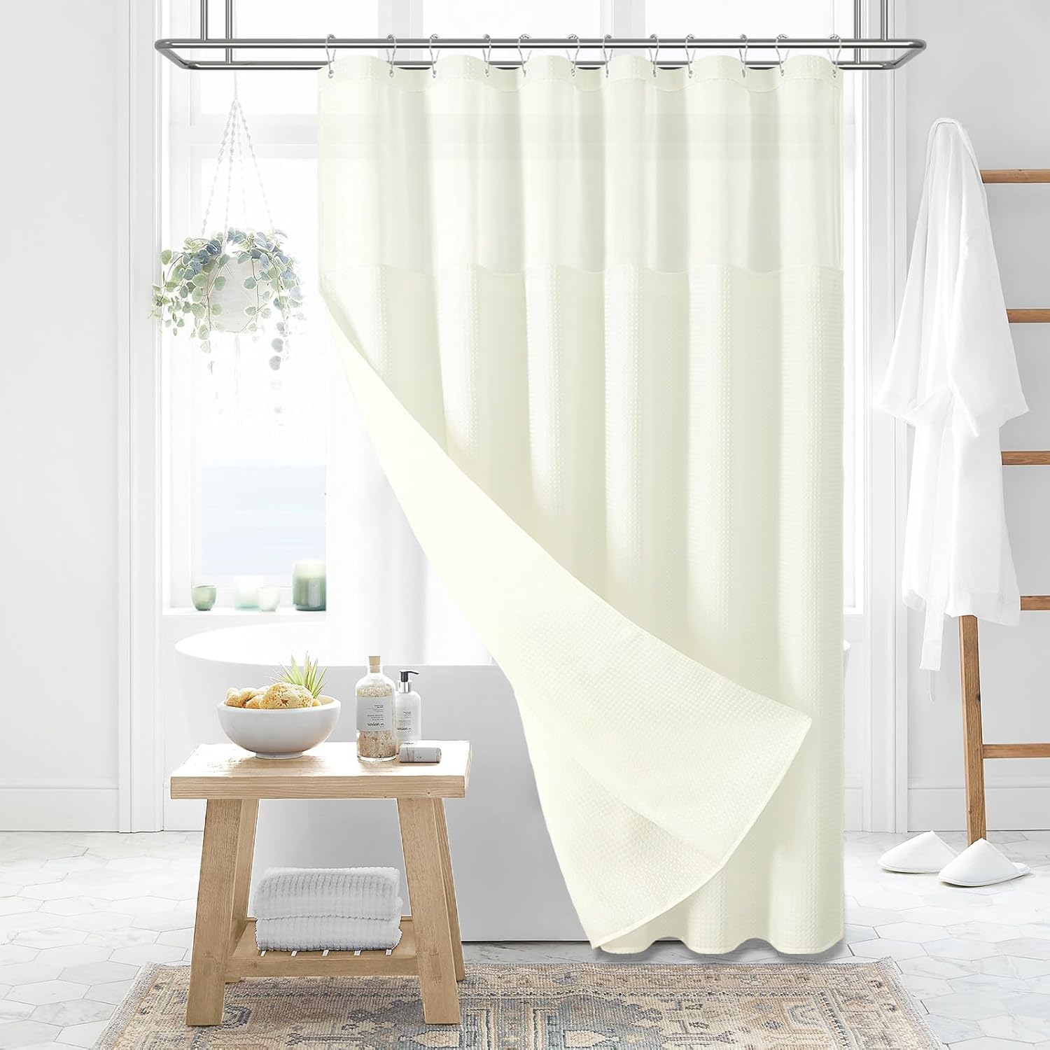 Dynamene Sage Green Shower Curtain - Waffle Textured Heavy Duty Thick Fabric Shower Curtains for Bathroom, 256GSM Luxury Weighted Polyester Cloth Bath Curtain Set with 12 Plastic Hooks，72Wx72H,Green
