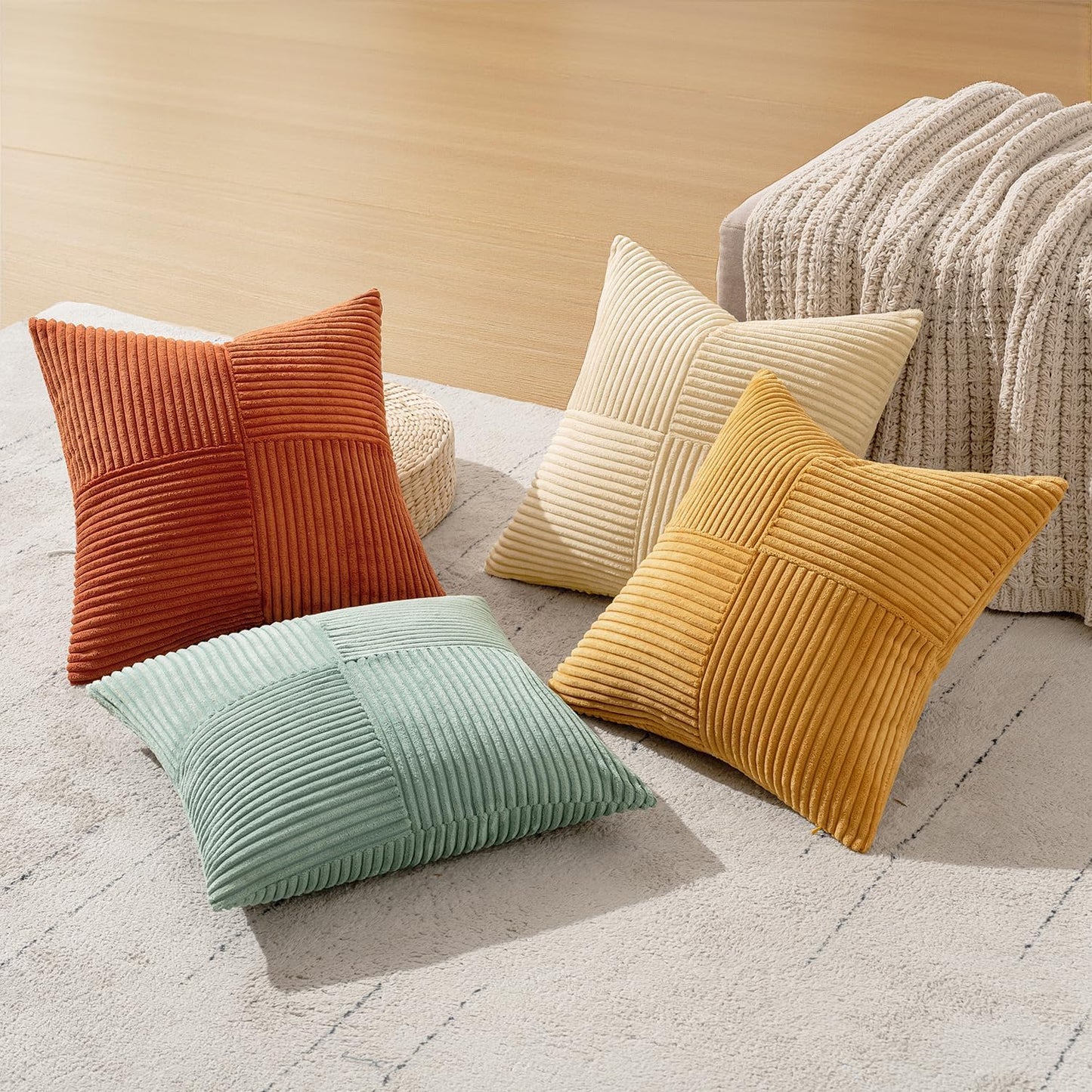 MIULEE Teal Orange Decorative Throw Pillow Covers 18x18 Inch Set of 4 Boho Corduroy Striped Cushion Cases Modern Farmhouse Patchwork Pillow Cases for Couch Sofa Bedroom Home Decor