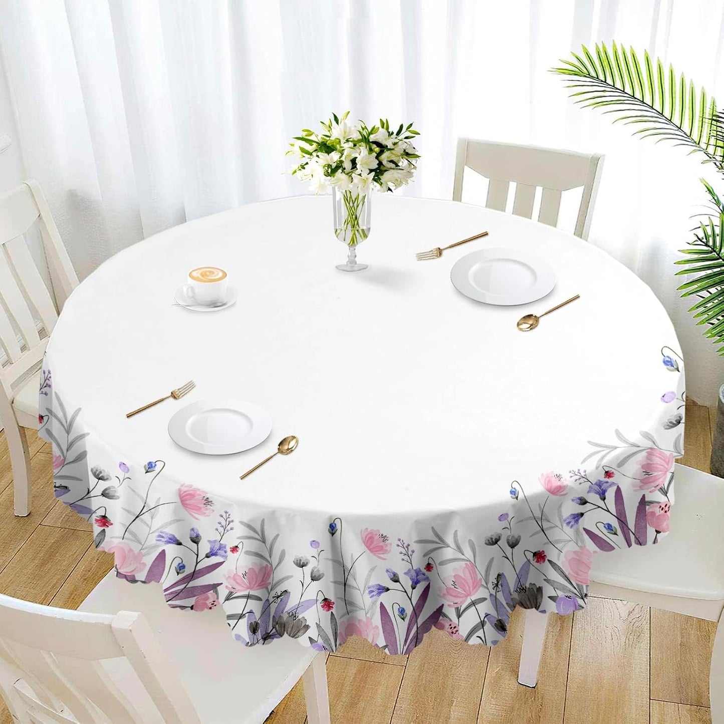 Round Tablecloth, Summer Tablecloths Polyester Waterproof Stain Wrinkle Free, Indoor and Outdoor Table Cover for Kitchen Party Dining Table