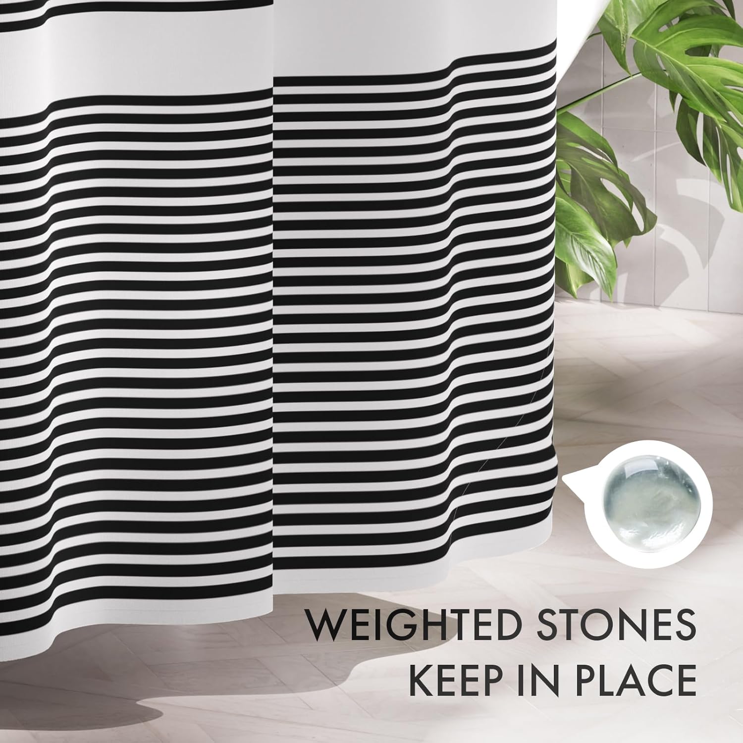 Shower Curtain, Washable Cloth Black Shower Curtain Sets with 12 Shower Curtain Hooks, Fabric Rustic Black and White Striped Curtain, Farmhouse Bathroom Curtains, 72x72 Inches