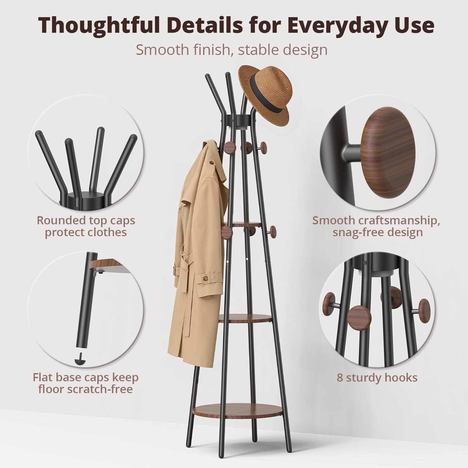 young master Coat Rack, Freestanding Coat Rack with 3 Shelves and 12 Hooks, Coat tree with Motion Sensor Light for Entryway, Livingroom, Hall Tree Free Standing for Coats, Scarves, Handbags, Black