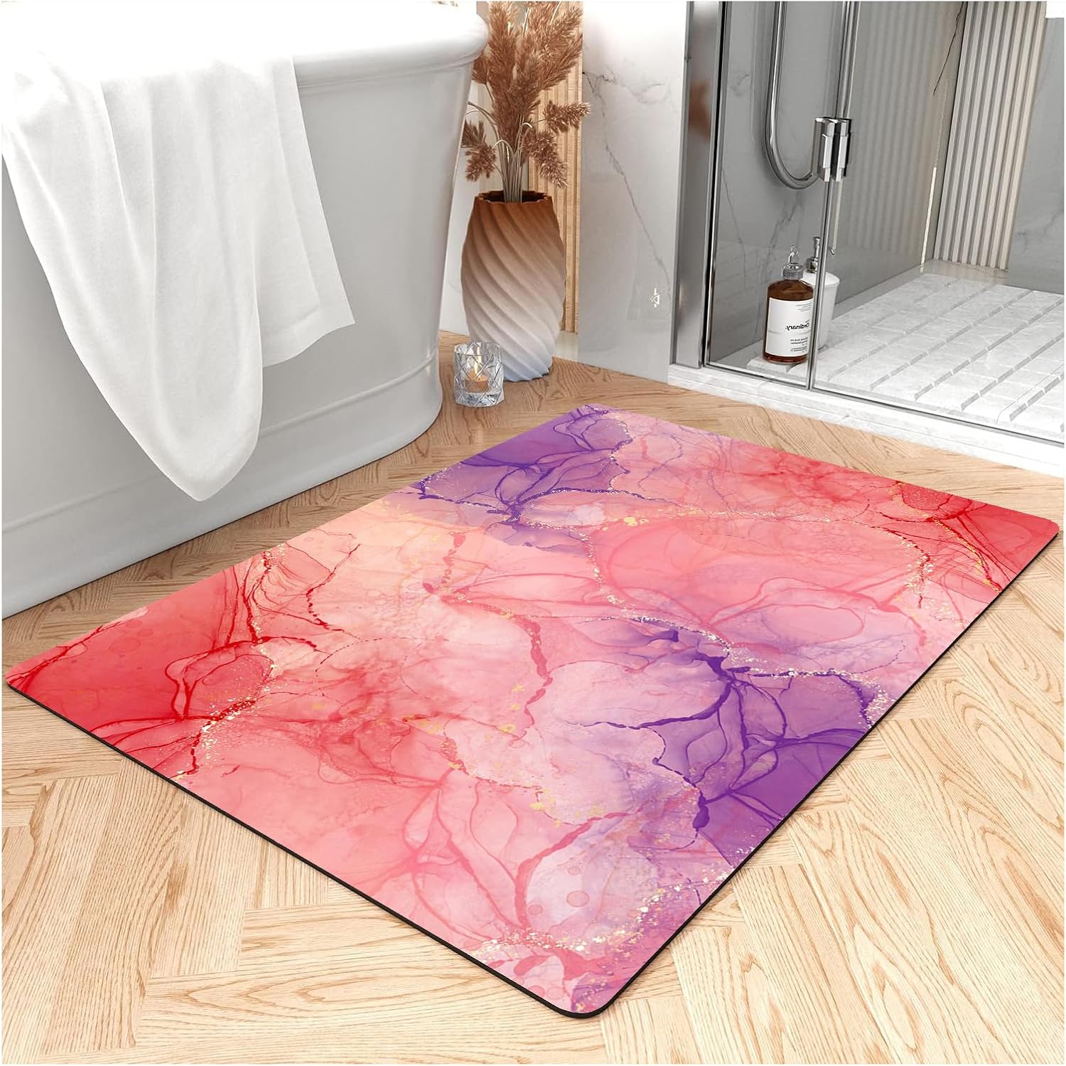 Fast Drying Thin Bath Mat Bathtub Mat | Diatomite Bathmat with Absorbent and Non-Slip Surface Easy to Clean | Colorful Marble Texture Bathroom Rug (3x5ft/36x60in/90x150cm, Pink/Medium Purple)