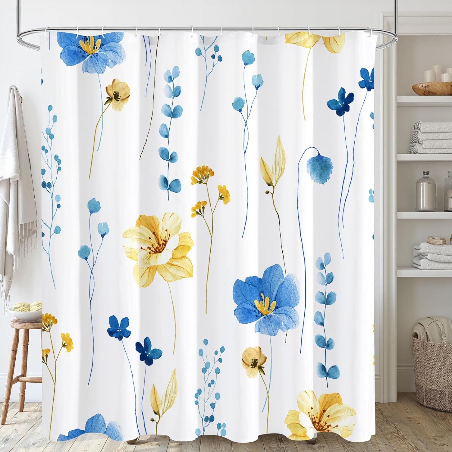 Watercolor Floral Shower Curtain, Sage Green Beige Flower Shower Curtain for Bathroom, Modern Minimalist White Waterproof Fabric Shower Curtain Set 72x72 Inch