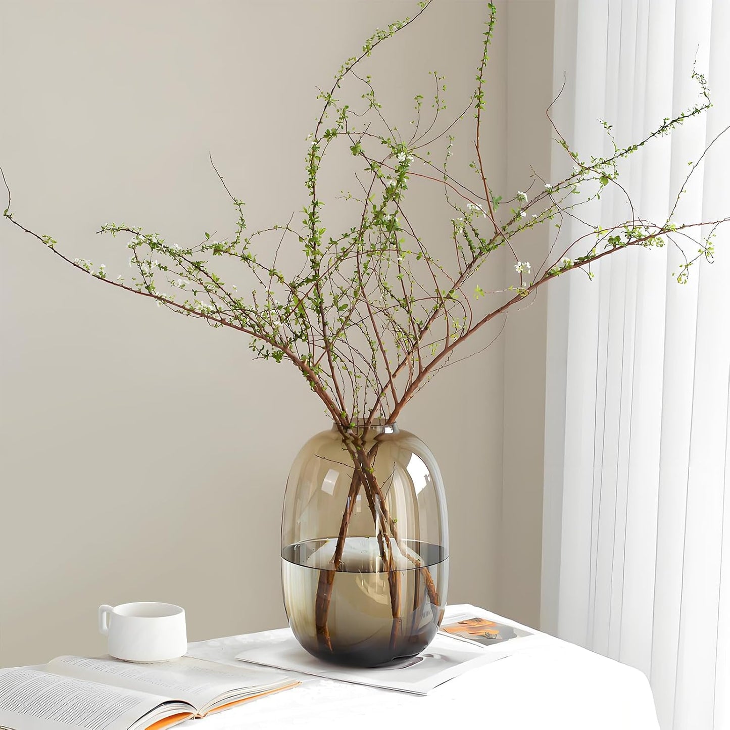 Brown Glass Vase Round Clear Colored Flower Vase for Centerpiece Long Stem Branch Fresh Artificial Plant Bottle Modern Home Indoor Decoration (Brown)