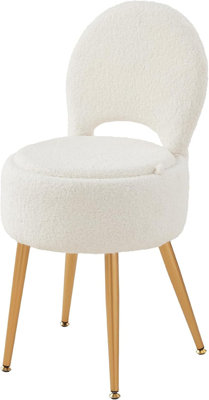 Small Vanity Stool Chair with Storage and Folding Back,4 Metal Legs with Anti-Slip Feet,Round Ottoman with Velvet Seat, Furry Padded Seat for Makeup, Bedroom (Black, Small)