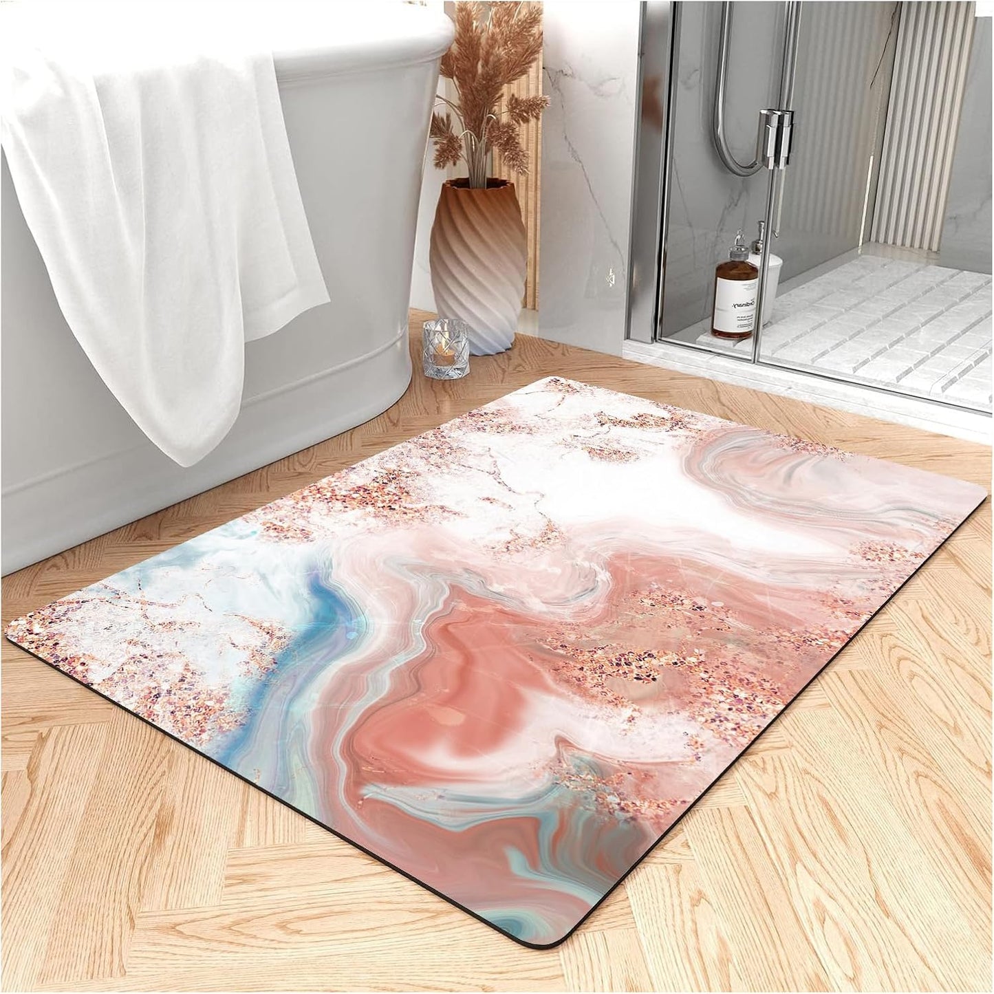 Fast Drying Thin Bath Mat Bathtub Mat | Diatomite Bathmat with Absorbent and Non-Slip Surface Easy to Clean | Colorful Marble Texture Bathroom Rug (3x5ft/36x60in/90x150cm, Pink/Medium Purple)
