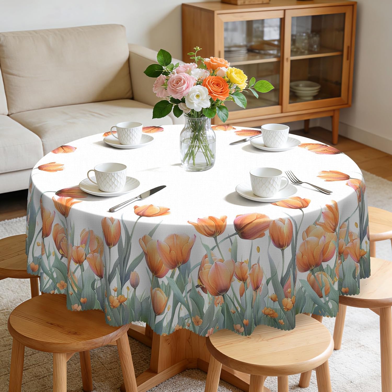 Round Tablecloth, Summer Tablecloths Polyester Waterproof Stain Wrinkle Free, Indoor and Outdoor Table Cover for Kitchen Party Dining Table