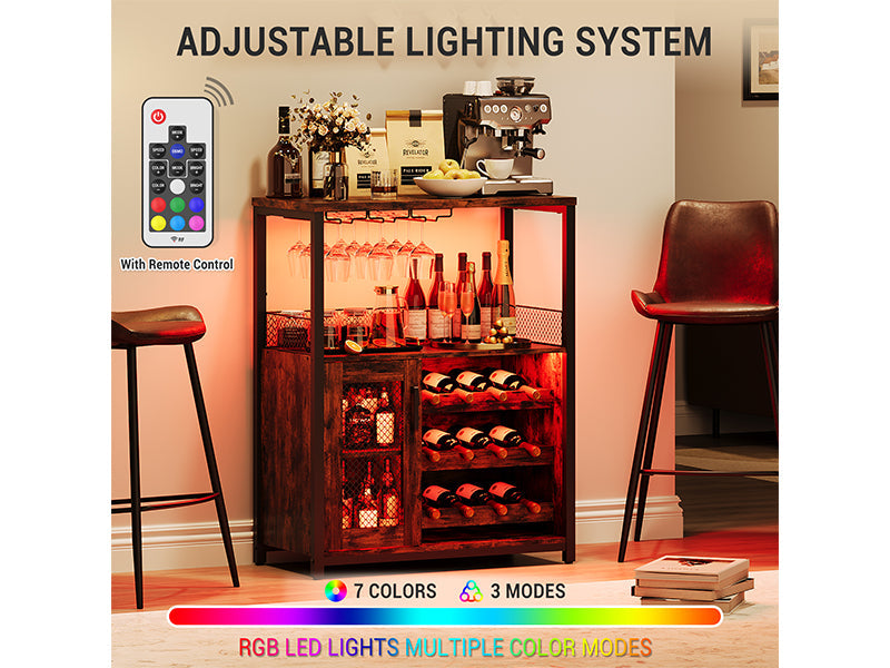 Wine Bar Rack Cabinet with LED Light, Adjustable Shelves Coffee Bar Cabinet with Mesh Door and Baffle Design, 36″ Tall Small Liquor Bar Cabinet for Home, Kitchen, Dinning Room, Rustic Brown