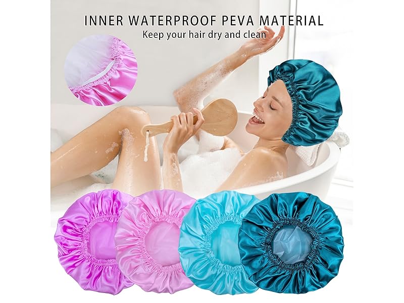Shower Caps for Women, 4 PCS Elastic and Reusable Bath Caps, Double Waterproof Layers Shower Cap, Bathing Shower Caps, Environmental Protection Hair Bath Hat - Solid Color