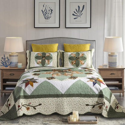 Quilts Queen Size Patchwork Bedspread Set - 100% Cotton Reversible Breathable Green Earth Geometric Quilted Quilt with Pillow Shams for All Seasons