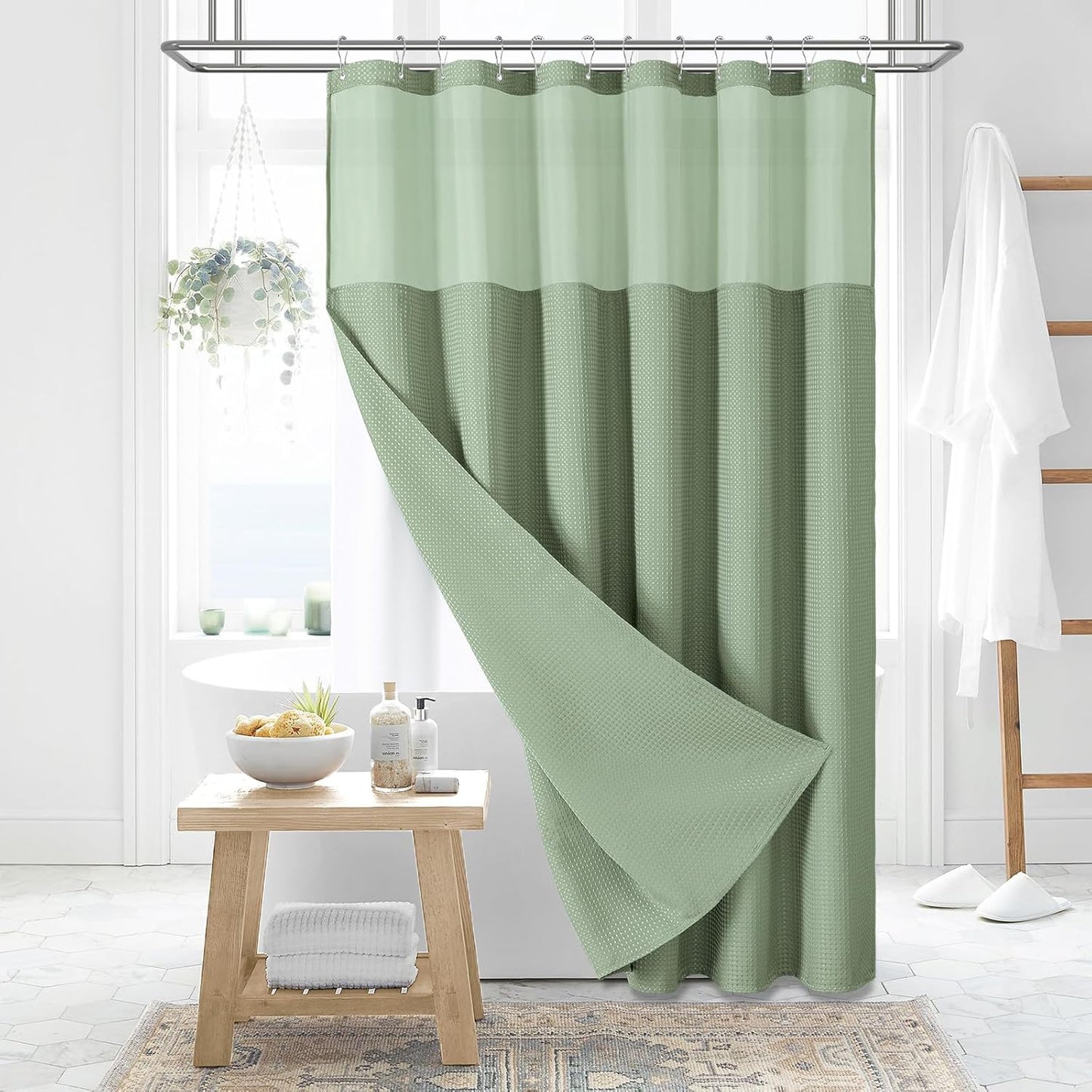 Dynamene Sage Green Shower Curtain - Waffle Textured Heavy Duty Thick Fabric Shower Curtains for Bathroom, 256GSM Luxury Weighted Polyester Cloth Bath Curtain Set with 12 Plastic Hooks，72Wx72H,Green