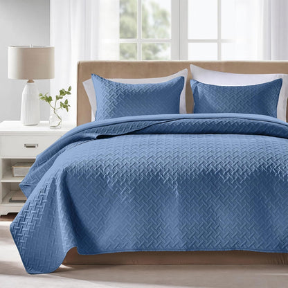 Quilts Queen Size - Ultra Soft Navy Blue Quilt Lightweight Microfiber Bedspreads, Classic Basket Weave Pattern Bedspread Bed Coverlet 3 Pieces for All-Season (1 Quilt, 2 Pillow Shams) | Breathable material, Easy care