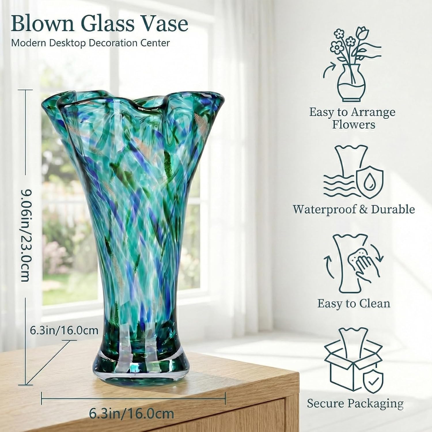 9.0" H Teal Glass Vases for Flowers, Unique Hand Blown Glass Vase Green Home Decor, Wide Mouth Colorful Flower Vase Centerpieces, for Living Room Table Bookshelf, Bathroom Office Shelf Decorative