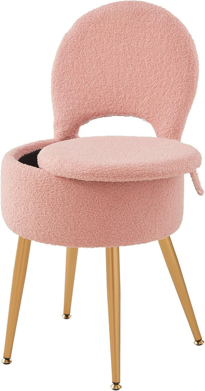 Small Vanity Stool Chair with Storage and Folding Back,4 Metal Legs with Anti-Slip Feet,Round Ottoman with Velvet Seat, Furry Padded Seat for Makeup, Bedroom (Black, Small)