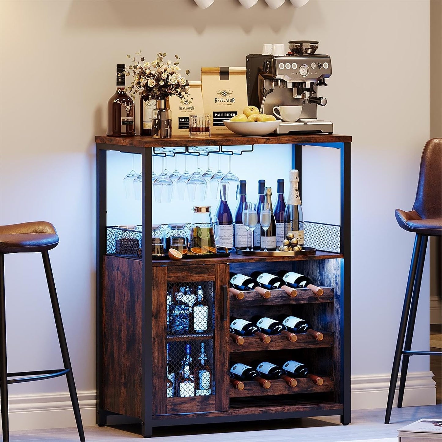 Wine Bar Rack Cabinet with LED Light, Adjustable Shelves Coffee Bar Cabinet with Mesh Door and Baffle Design, 36″ Tall Small Liquor Bar Cabinet for Home, Kitchen, Dinning Room, Rustic Brown