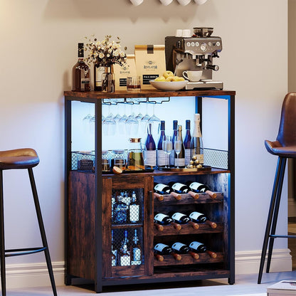 Wine Bar Rack Cabinet with LED Light, Adjustable Shelves Coffee Bar Cabinet with Mesh Door and Baffle Design, 36″ Tall Small Liquor Bar Cabinet for Home, Kitchen, Dinning Room, Rustic Brown