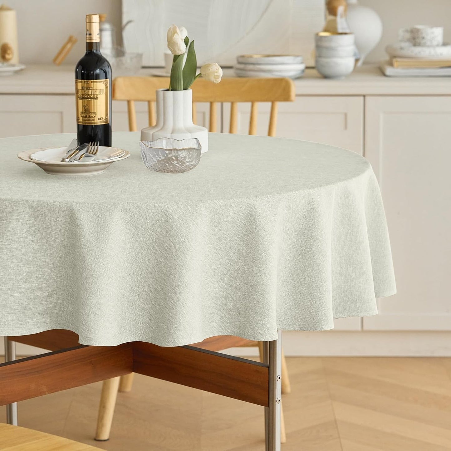 Decorelia Faux Linen Round Tablecloths 60 inch, Waterproof Decorative Washable Texture Rustic Circle Table Cloth Cover for Dining Kitchen Party Farmhouse Outdoor(Round (2-4 Seats),Sage Green)