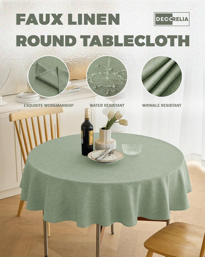 Decorelia Faux Linen Round Tablecloths 60 inch, Waterproof Decorative Washable Texture Rustic Circle Table Cloth Cover for Dining Kitchen Party Farmhouse Outdoor(Round (2-4 Seats),Sage Green)