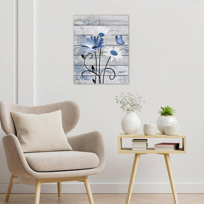 Farmhouse Floral Wall Art for Living Room, Blue and White Daisy Flower and Butterfly on Rustic Wood Board Canvas Wall Art Framed Artwork Ready to Hang for Bathroom Bedroom Decor, 16L X 12W