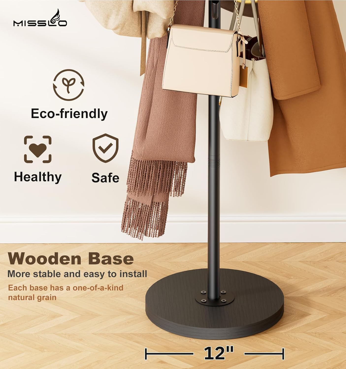 Heavy Duty Coat Rack Freestanding with Stable Wood Base Modern Coat Tree with 12 Hooks Adjustable Coats Hanger Stand Stylish Standing Clothes Tree for Entryway Bedroom Corner Hall