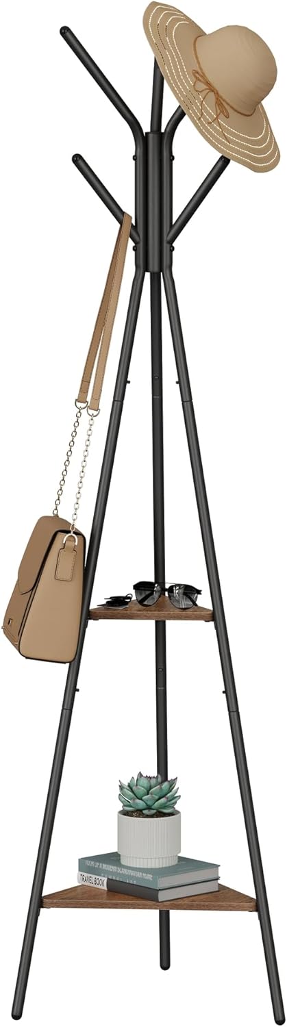 Coat Rack Freestanding, Coat Hanger Stand, Hall Tree with 2 Shelves, for Clothes, Hat, Bag, Industrial Style, Rustic Brown and Black URCR16BX