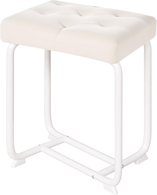White Vanity Chair, Leather Vanity Stool, Small Stool Chair for Vanity, Square Ottoman Foot Stool, Makeup Vanity Chairs with Thick Padded Seat for Bathroom, Bedroom, Entryway, KFD01W