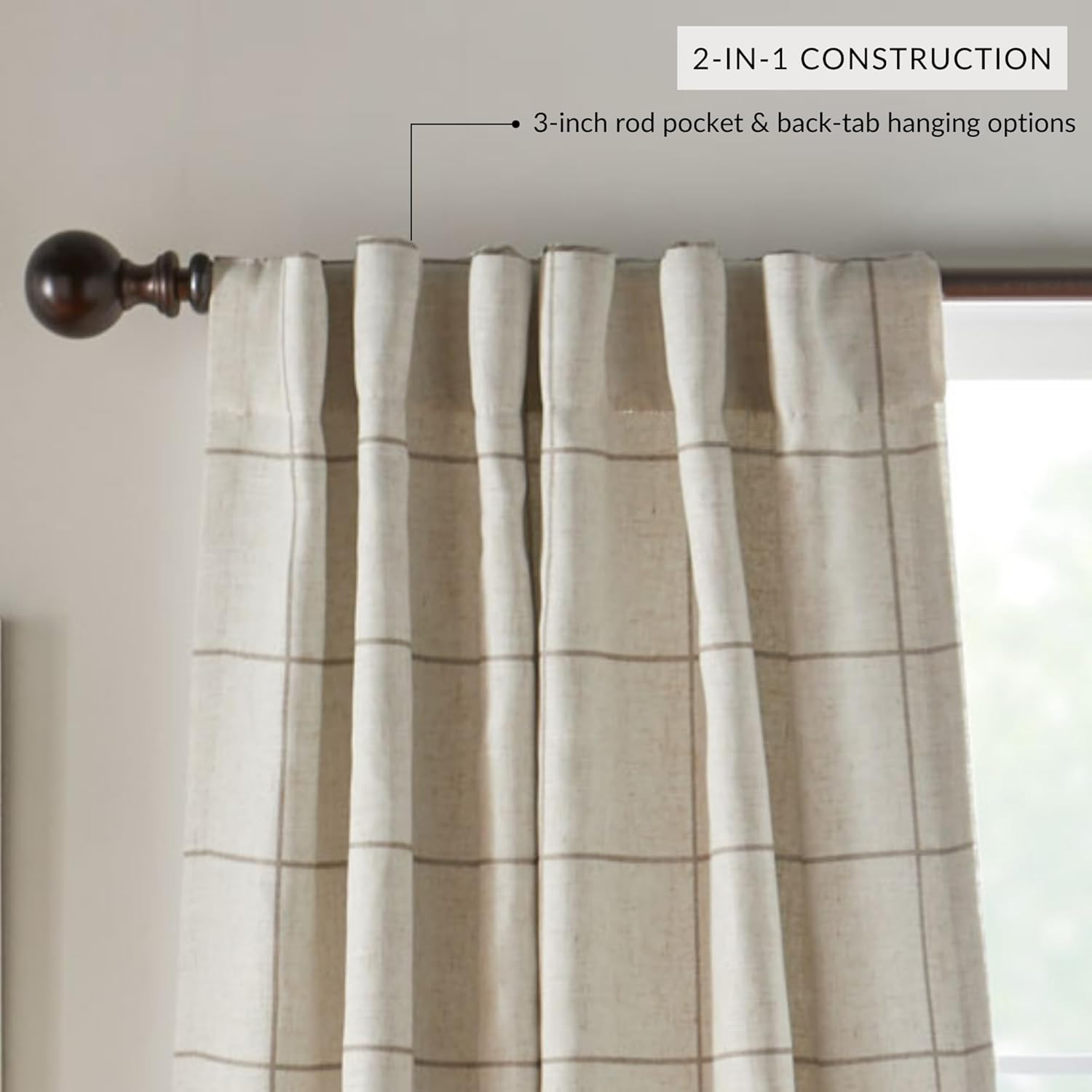 Fashions Brighton Windowpane Plaid Blackout Window Curtain, Living Room and Bedroom Drape with Rod Pocket Tabs, 52" x 84", Linen, 1 Panel