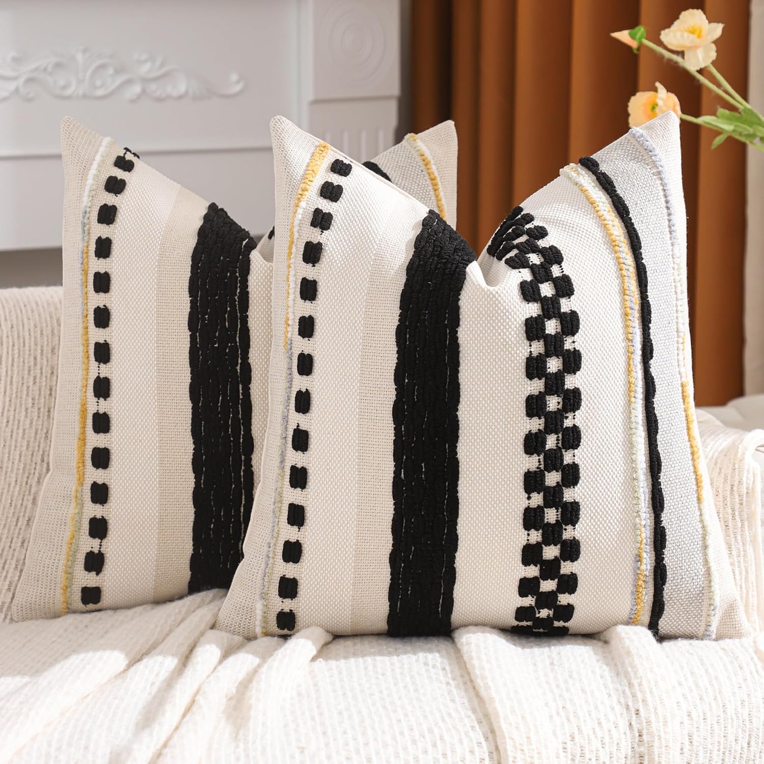 Grey Throw Pillow Covers 18x18 Set of 2 Boho Stripe Pillow Covers Tufted Decorative Pillow Case Accent Pillowcase Farmhouse Cushion Case Nuetral Textured Pillow Cover Spring Home Decor