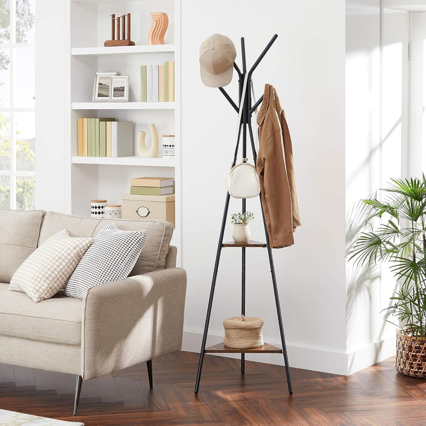 Coat Rack Freestanding, Coat Hanger Stand, Hall Tree with 2 Shelves, for Clothes, Hat, Bag, Industrial Style, Rustic Brown and Black URCR16BX