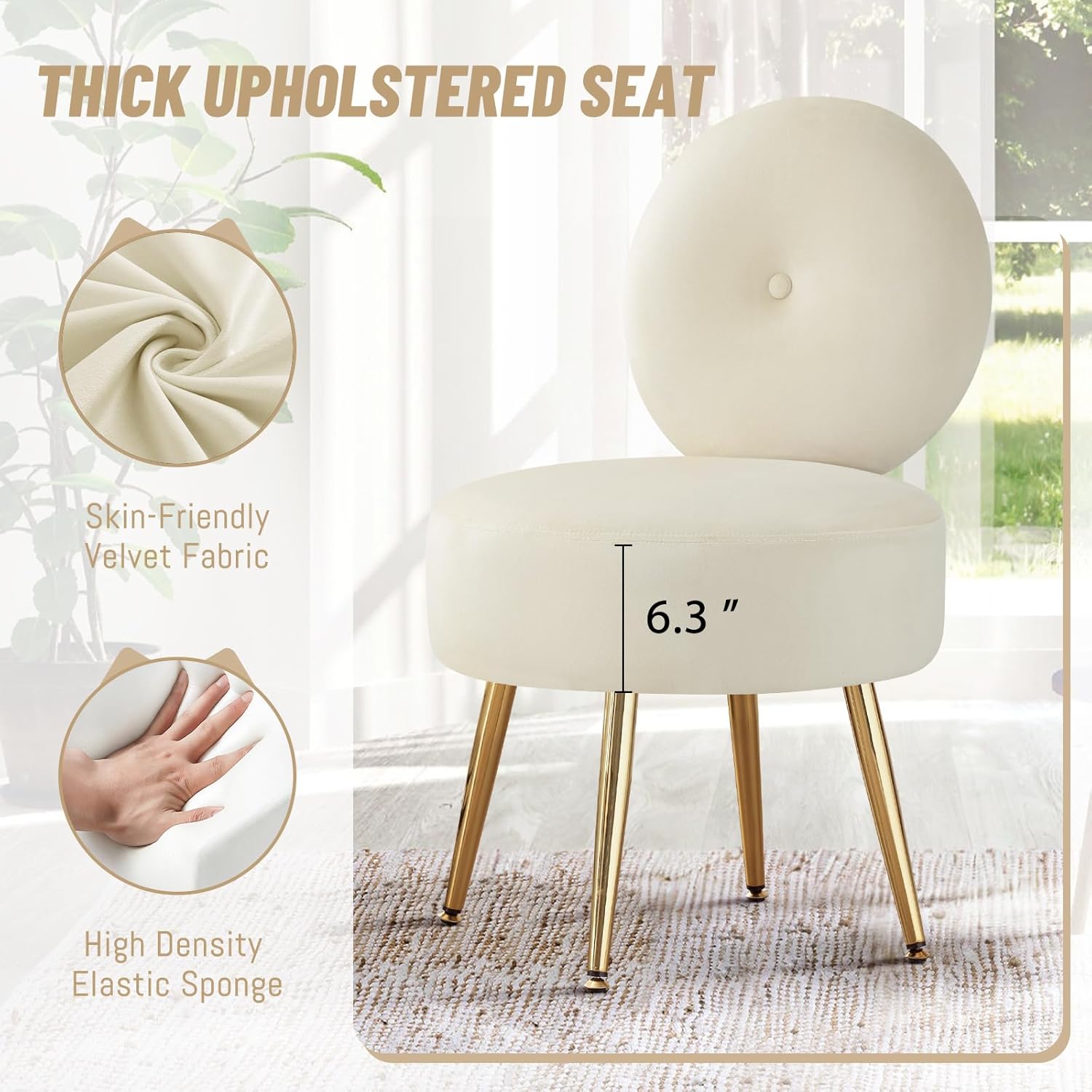 Armless Vanity Chair for Makeup Room, Velvet Vanity Stool with Back, Living Room Chair with Solid Metal Legs for Bedroom, Study Room, Vanity(Khaki)