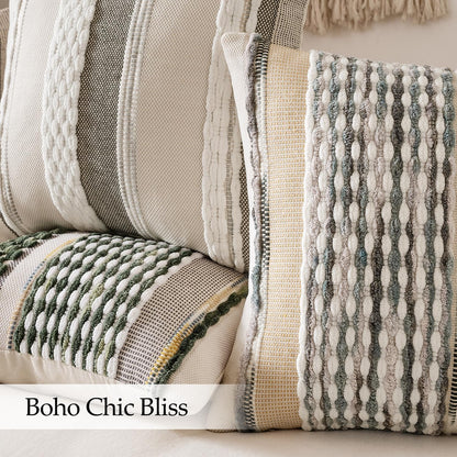 ANRODUO Pack of 2 Boho Decorative Throw Pillow Covers 18x18 Farmhouse Cushion Case Striped Chenille Pillow Cases Square Pillow Covers Accent Neutral Pillowcase for Sofa Couch Bed, Olive Green Stripe