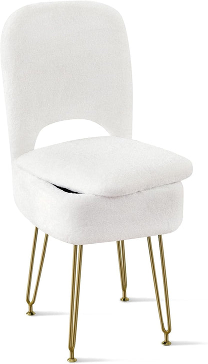 Vanity Chair with Storage and Folding Back, Faux Fur Square Storage Chair, Vanity Stool Chair with 4 Metal Legs for Bedroom, Living Room and Makeup Stations, 13.4"x 15"x 30", White