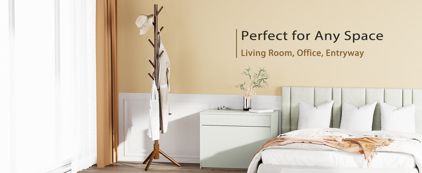 Sturdy Wooden Coat Tree with 8 Hooks, 3 Adjustable Sizes for Clothes, Hat Stand Used in Bedroom/Office/Entryway, Brown