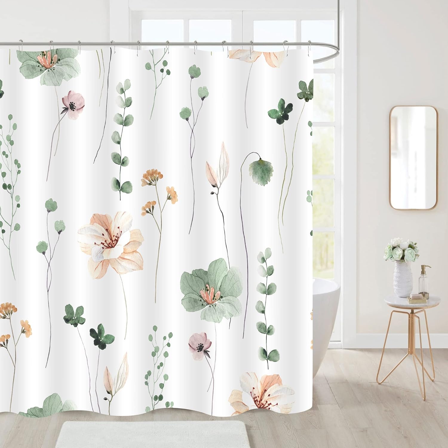 Watercolor Floral Shower Curtain, Sage Green Beige Flower Shower Curtain for Bathroom, Modern Minimalist White Waterproof Fabric Shower Curtain Set 72x72 Inch