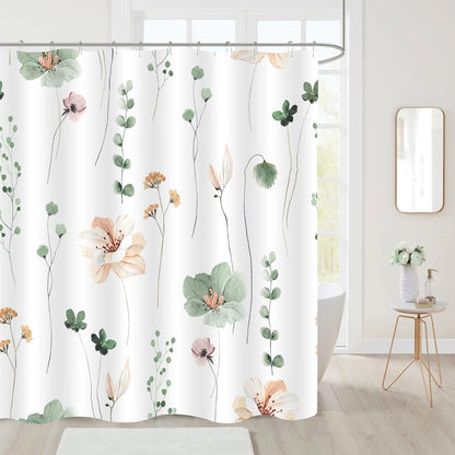 Watercolor Floral Shower Curtain, Sage Green Beige Flower Shower Curtain for Bathroom, Modern Minimalist White Waterproof Fabric Shower Curtain Set 72x72 Inch